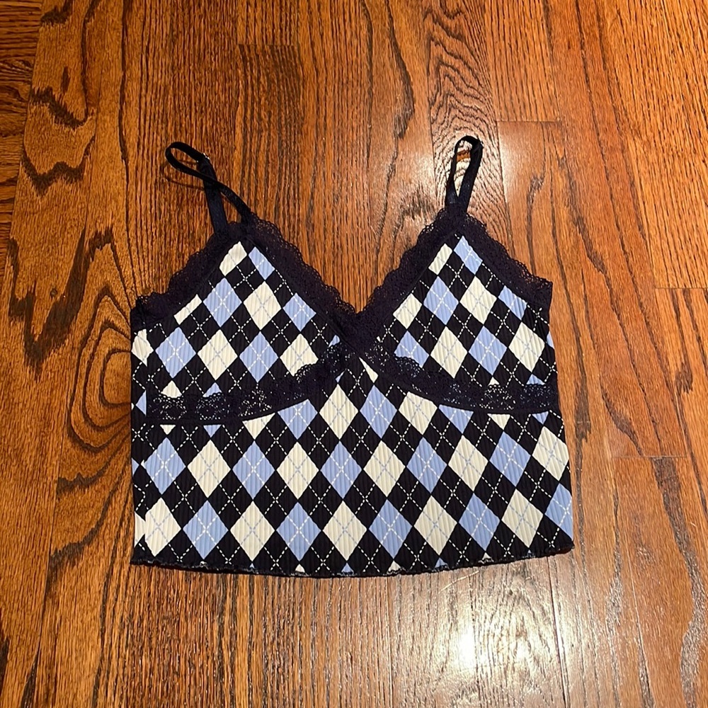 H&M Blue Argyle Cropped Tank w/ Lace Detailing